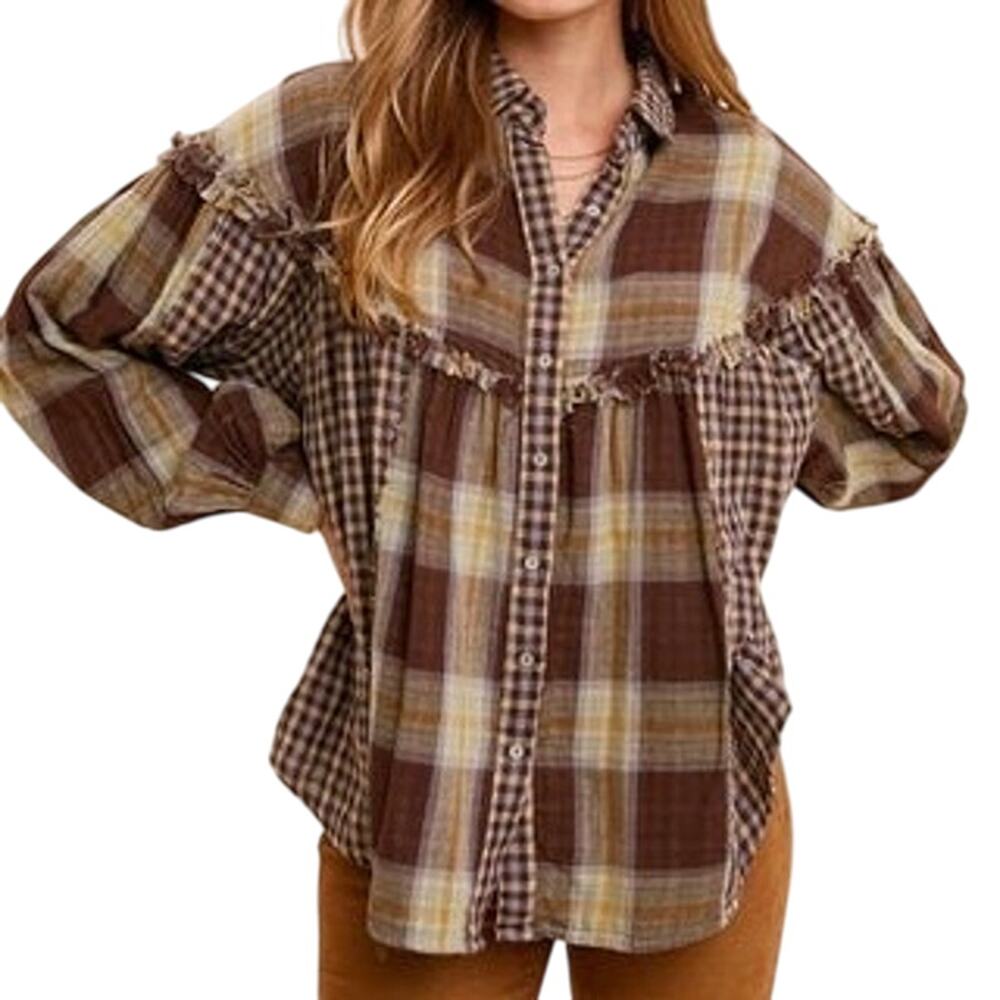 In Loom Brown Plaid Check Frayed Ruffle Relaxed Button Front Top Size Small